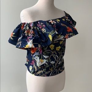 Floral Cotton Top Off the shoulder, Ruffle, Blue,S